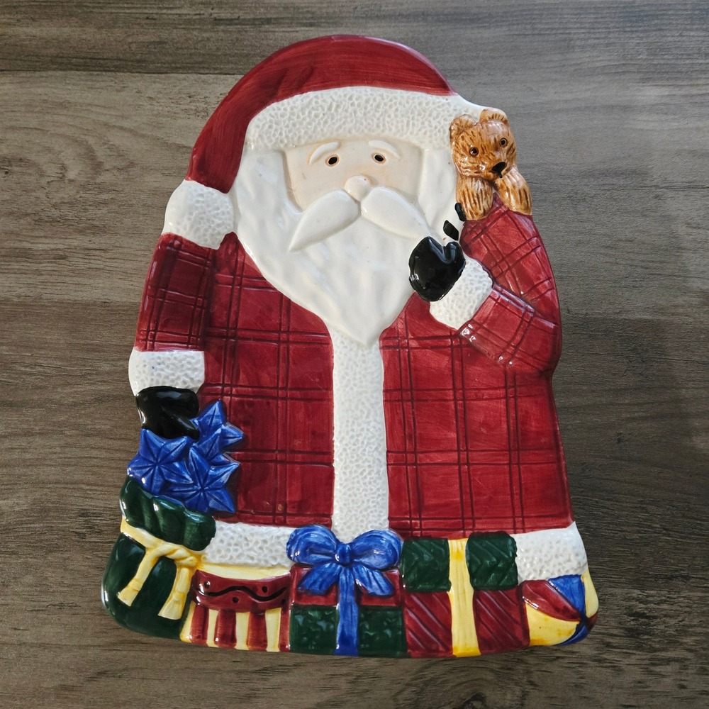 Sakura Debbie Mumm Magic of Santa Plaid Santa Claus Cookie Serving Platter